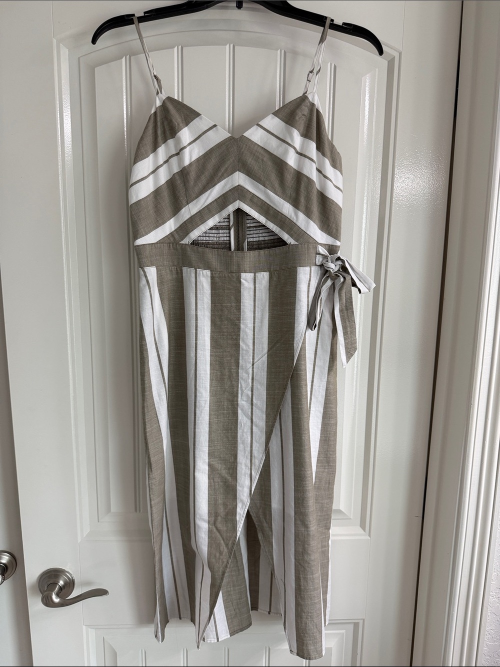 Express Taupe & White Striped Midi Dress with Waist Tie